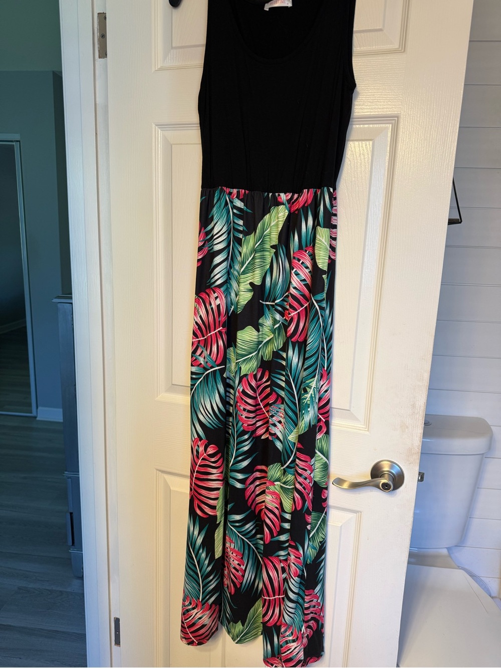 Amazon Black Top Maxi Dress with Tropical Pink and Green Leaf Print
